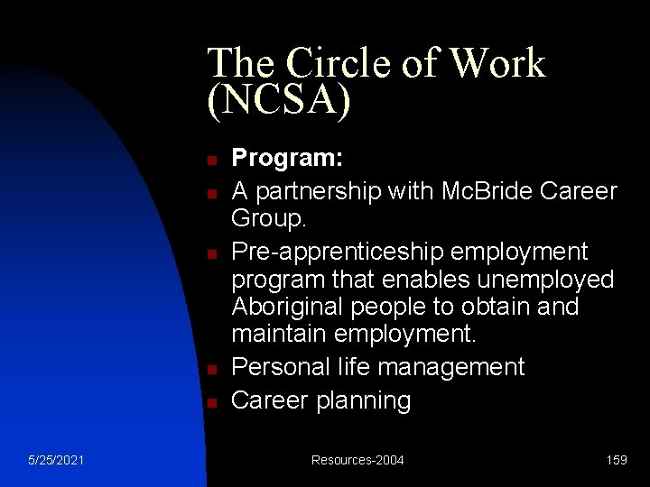 The Circle of Work (NCSA) n n n 5/25/2021 Program: A partnership with Mc.