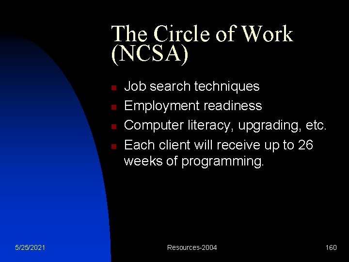 The Circle of Work (NCSA) n n 5/25/2021 Job search techniques Employment readiness Computer