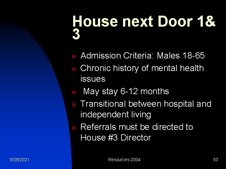 House next Door 1& 3 n n n 5/25/2021 Admission Criteria: Males 18 -65