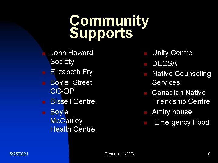 Community Supports n n n 5/25/2021 John Howard Society Elizabeth Fry Boyle Street CO-OP