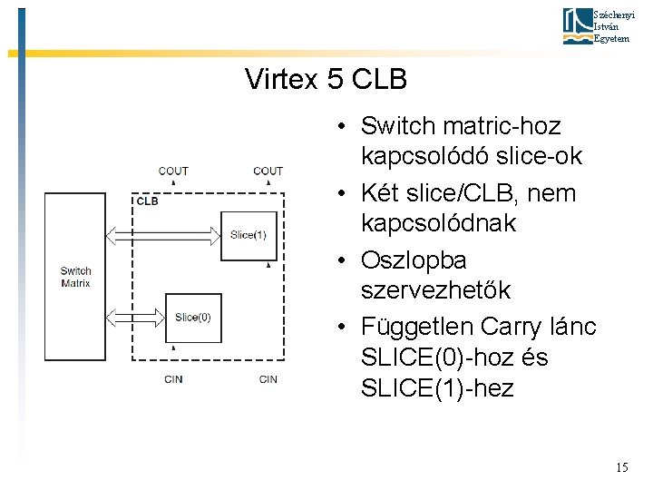 Széchenyi István Egyetem Virtex 5 CLB • Switch matric-hoz kapcsolódó slice-ok • Két slice/CLB,