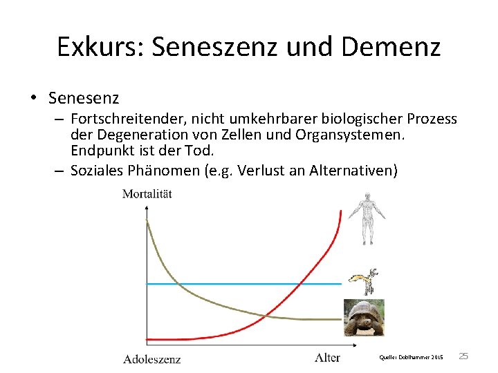 Exkurs: Seneszenz und Demenz • Senesenz – Fortschreitender, nicht umkehrbarer biologischer Prozess der Degeneration