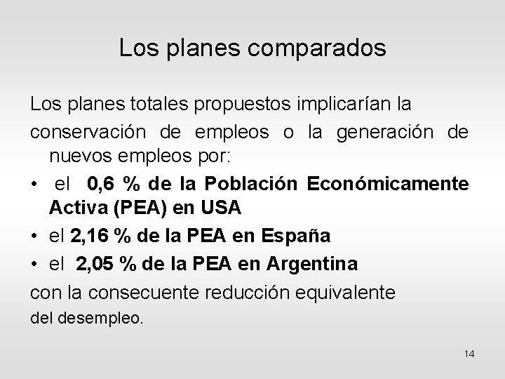 Los planes comparados Los planes totales propuestos implicarían la conservación de empleos o la