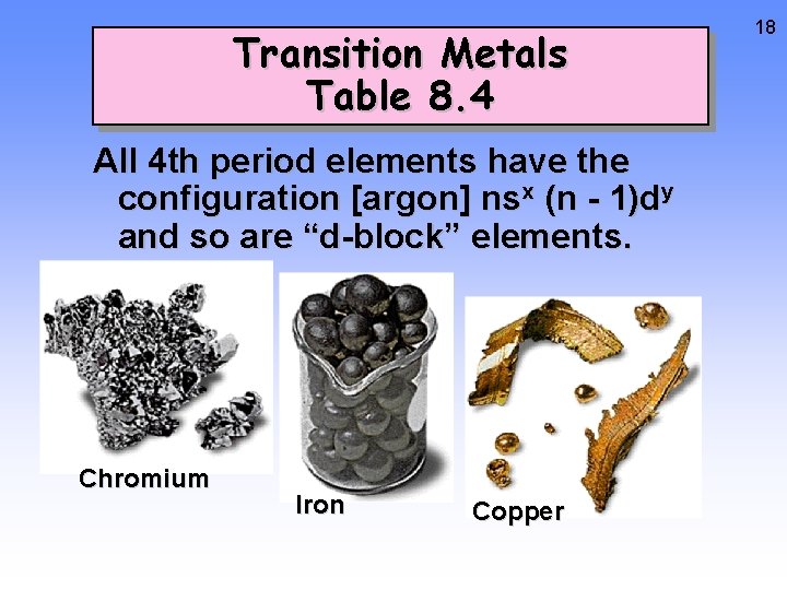 Transition Metals Table 8. 4 All 4 th period elements have the configuration [argon]