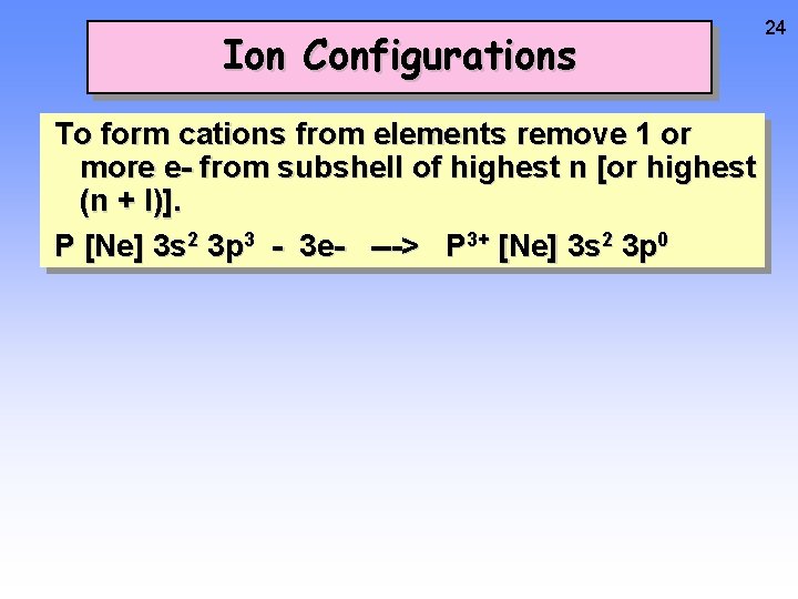 Ion Configurations To form cations from elements remove 1 or more e- from subshell