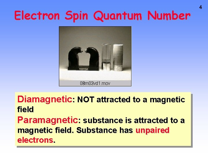 Electron Spin Quantum Number Diamagnetic: NOT attracted to a magnetic field Paramagnetic: substance is