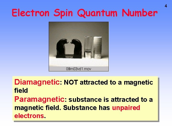 Electron Spin Quantum Number Diamagnetic: NOT attracted to a magnetic field Paramagnetic: substance is
