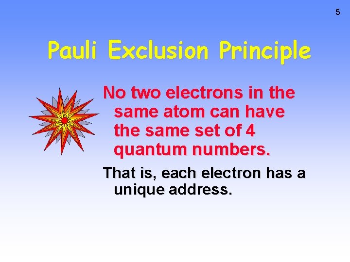 5 Pauli Exclusion Principle No two electrons in the same atom can have the