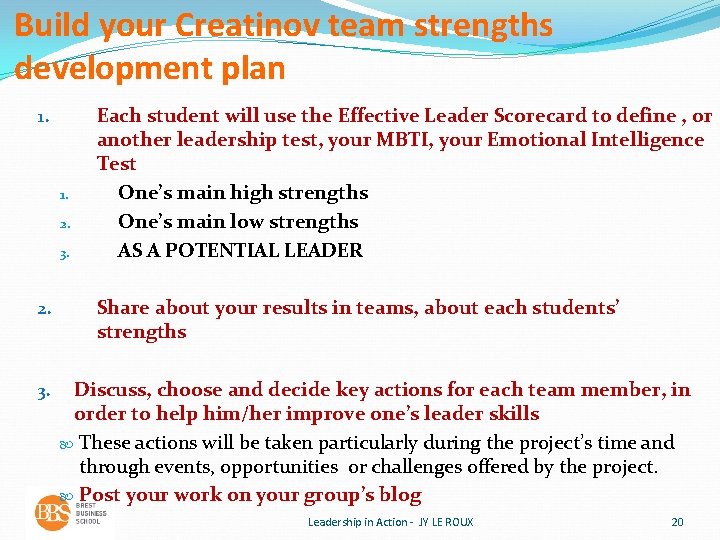 Build your Creatinov team strengths development plan 1. 2. 3. 2. 3. Each student