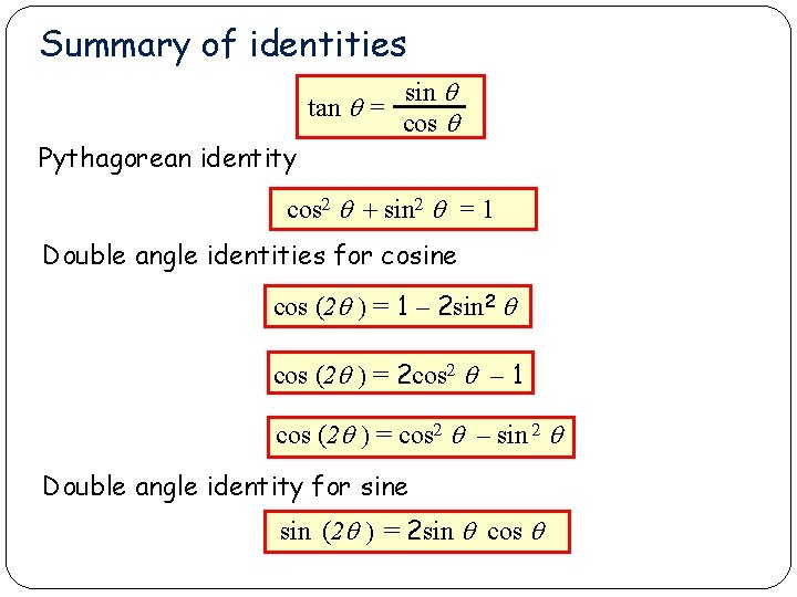 Summary of identities sin q tan q = cos q Pythagorean identity cos 2