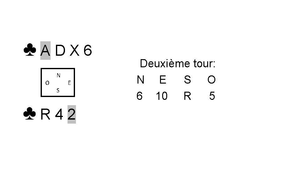 ♣ADX 6 O N S E ♣R 42 Deuxième tour: N E S O