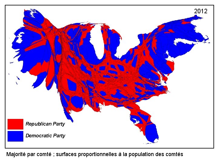 2012 Republican Party Democratic Party Majorité par comté ; surfaces proportionnelles à la population