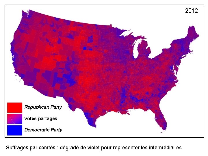 2012 Republican Party Votes partagés Democratic Party Suffrages par comtés ; dégradé de violet