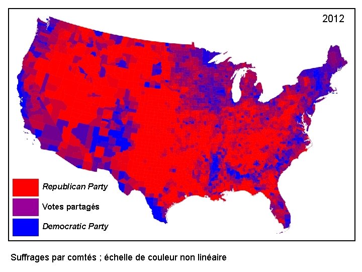 2012 Republican Party Votes partagés Democratic Party Suffrages par comtés ; échelle de couleur
