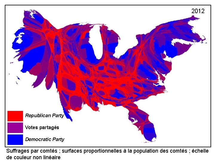 2012 Republican Party Votes partagés Democratic Party Suffrages par comtés ; surfaces proportionnelles à