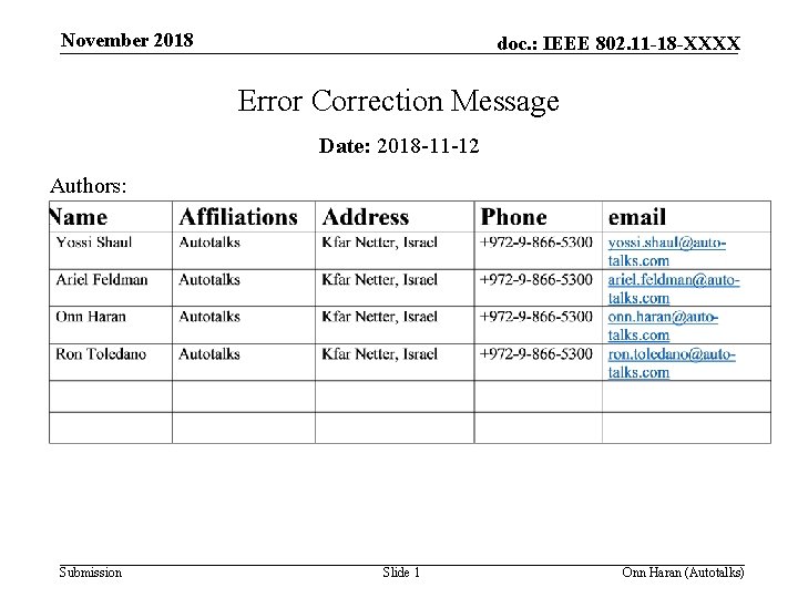 November 2018 doc. : IEEE 802. 11 -18 -XXXX Error Correction Message Date: 2018