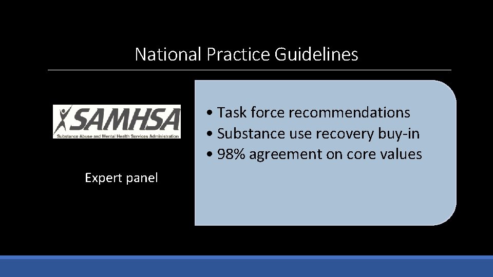 National Practice Guidelines • Task force recommendations • Substance use recovery buy-in • 98%