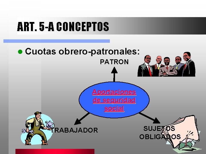 ART. 5 -A CONCEPTOS l Cuotas obrero-patronales: PATRON Aportaciones de seguridad social TRABAJADOR SUJETOS