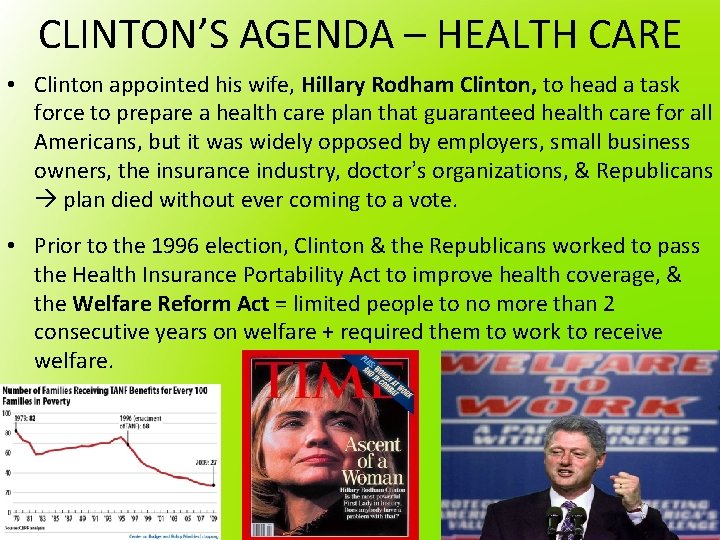 CLINTON’S AGENDA – HEALTH CARE • Clinton appointed his wife, Hillary Rodham Clinton, to CLINTON’S AGENDA – HEALTH CARE • Clinton appointed his wife, Hillary Rodham Clinton, to