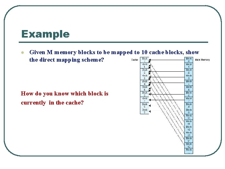 Example l Given M memory blocks to be mapped to 10 cache blocks, show