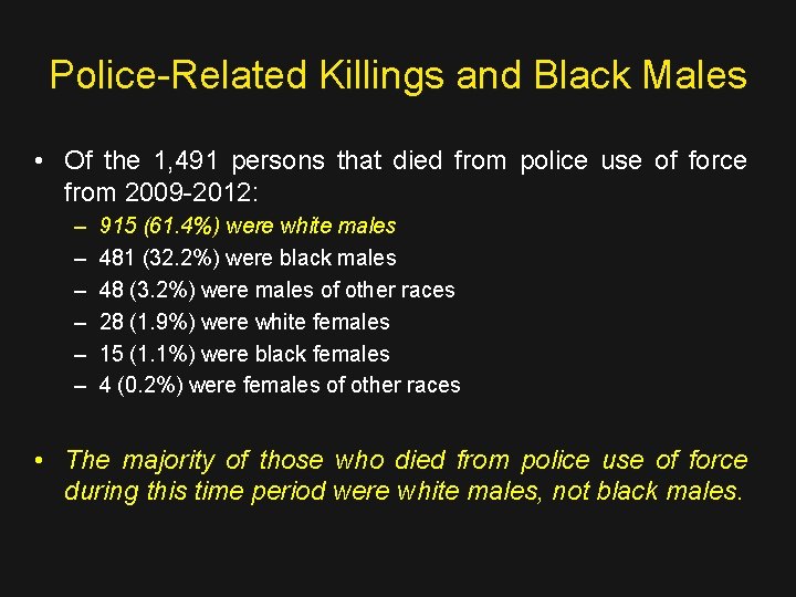 Police-Related Killings and Black Males • Of the 1, 491 persons that died from