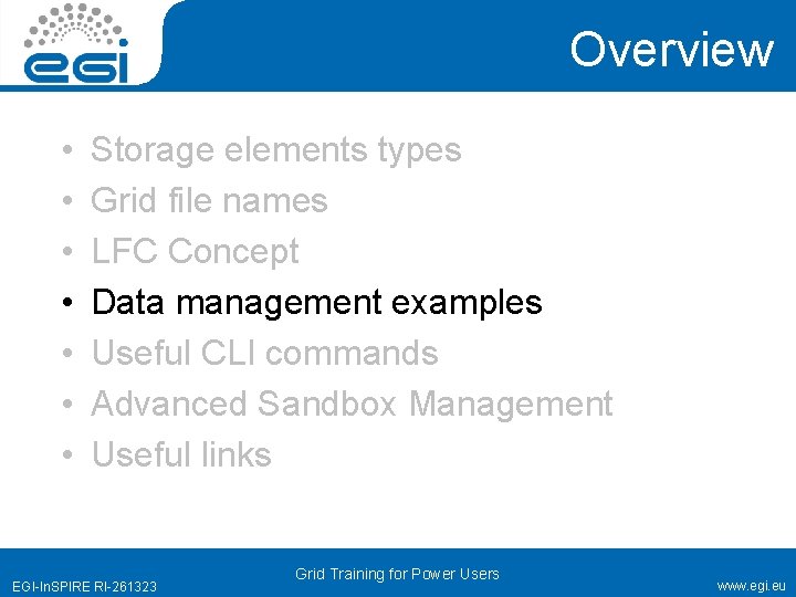 Overview • • Storage elements types Grid file names LFC Concept Data management examples