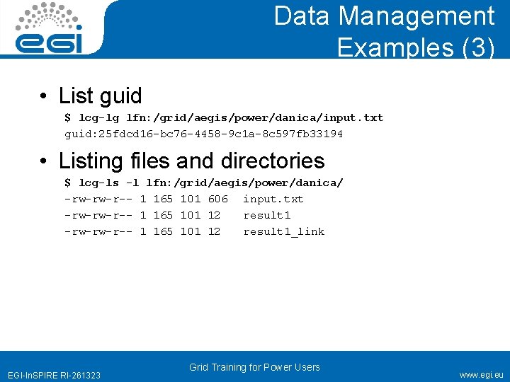 Data Management Examples (3) • List guid $ lcg-lg lfn: /grid/aegis/power/danica/input. txt guid: 25