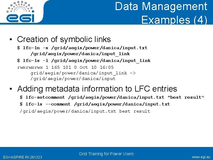 Data Management Examples (4) • Creation of symbolic links $ lfc-ln -s /grid/aegis/power/danica/input. txt