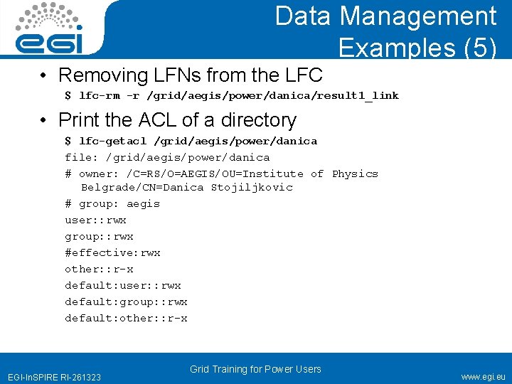 Data Management Examples (5) • Removing LFNs from the LFC $ lfc-rm -r /grid/aegis/power/danica/result