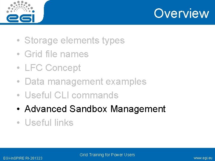 Overview • • Storage elements types Grid file names LFC Concept Data management examples