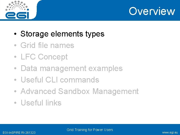 Overview • • Storage elements types Grid file names LFC Concept Data management examples