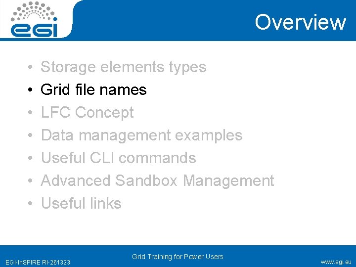 Overview • • Storage elements types Grid file names LFC Concept Data management examples