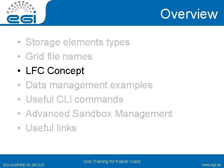 Overview • • Storage elements types Grid file names LFC Concept Data management examples