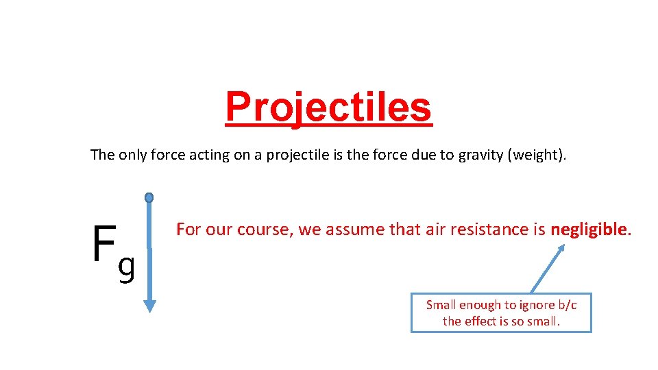 Projectiles The only force acting on a projectile is the force due to gravity