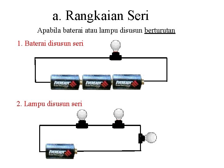 a. Rangkaian Seri Apabila baterai atau lampu disusun berturutan 1. Baterai disusun seri 2.