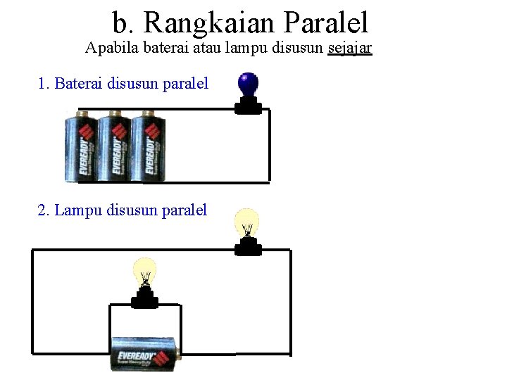 b. Rangkaian Paralel Apabila baterai atau lampu disusun sejajar 1. Baterai disusun paralel 2.