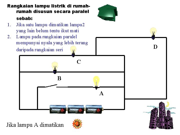 Rangkaian lampu listrik di rumah disusun secara paralel sebab: 1. 2. Jika satu lampu