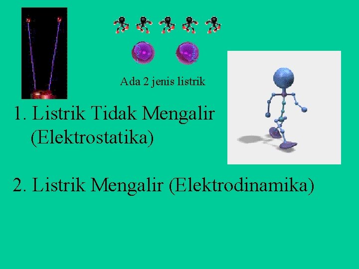 Ada 2 jenis listrik 1. Listrik Tidak Mengalir (Elektrostatika) 2. Listrik Mengalir (Elektrodinamika) 