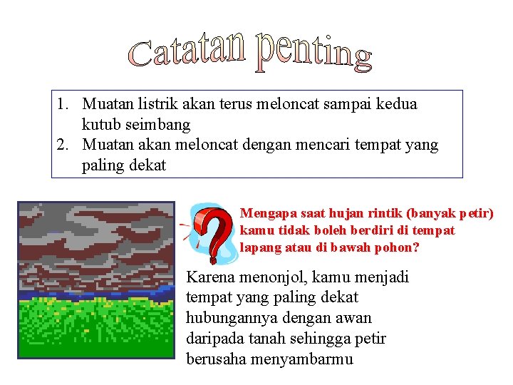 1. Muatan listrik akan terus meloncat sampai kedua kutub seimbang 2. Muatan akan meloncat