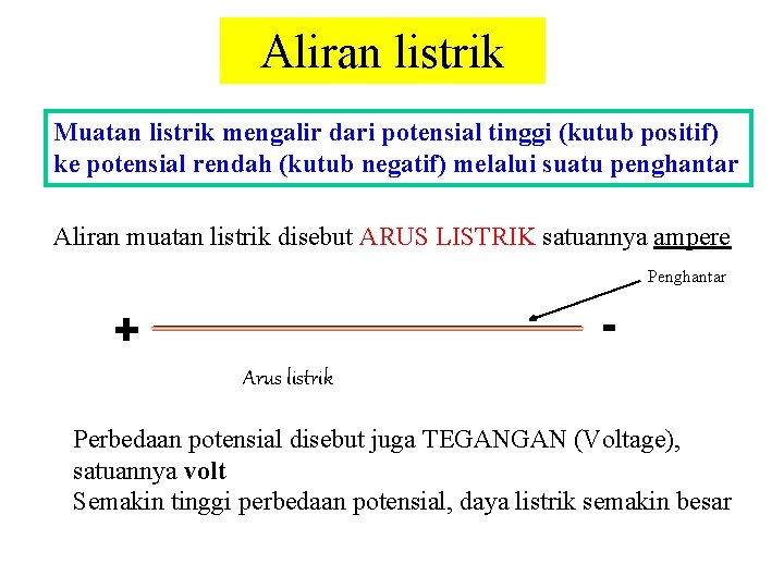 Aliran listrik Muatan listrik mengalir dari potensial tinggi (kutub positif) ke potensial rendah (kutub