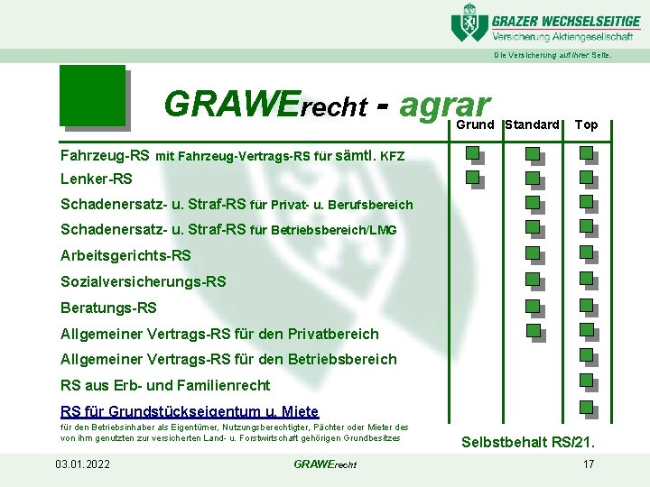 Die Versicherung auf Ihrer Seite. GRAWErecht - agrar Grund Standard Top Fahrzeug-RS mit Fahrzeug-Vertrags-RS