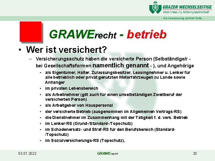 Die Versicherung auf Ihrer Seite. GRAWErecht - betrieb • Wer ist versichert? – Versicherungsschutz