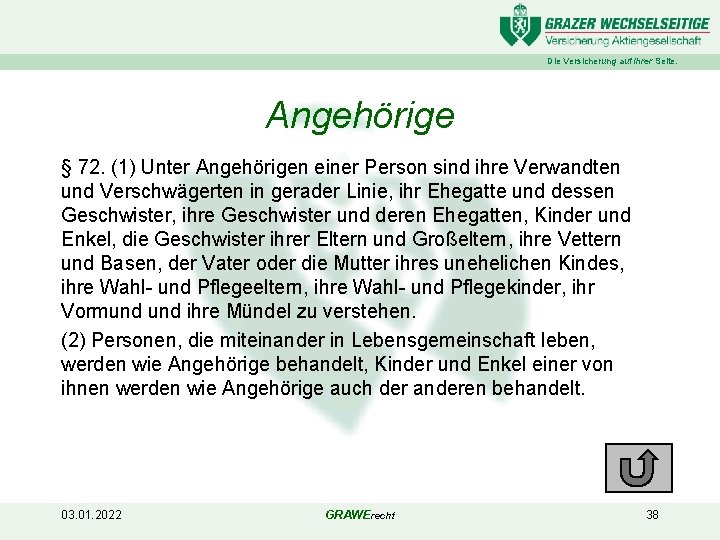 Die Versicherung auf Ihrer Seite. Angehörige § 72. (1) Unter Angehörigen einer Person sind