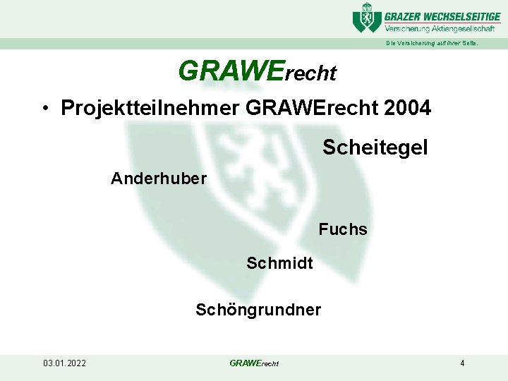 Die Versicherung auf Ihrer Seite. GRAWErecht • Projektteilnehmer GRAWErecht 2004 Scheitegel Anderhuber Fuchs Schmidt