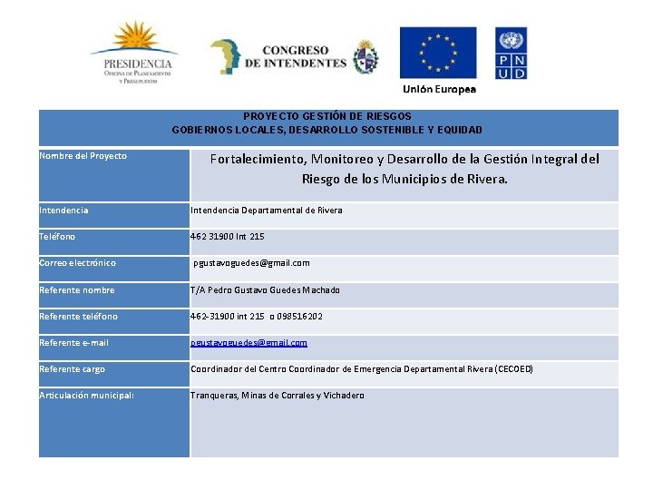 PROYECTO GESTIÓN DE RIESGOS GOBIERNOS LOCALES, DESARROLLO SOSTENIBLE Y EQUIDAD Nombre del Proyecto Fortalecimiento,