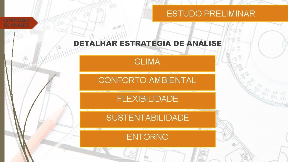 ESTUDO PRELIMINAR ESTRATÉGIA DE ANÁLISE DETALHAR ESTRATÉGIA DE ANÁLISE CLIMA CONFORTO AMBIENTAL FLEXIBILIDADE SUSTENTABILIDADE