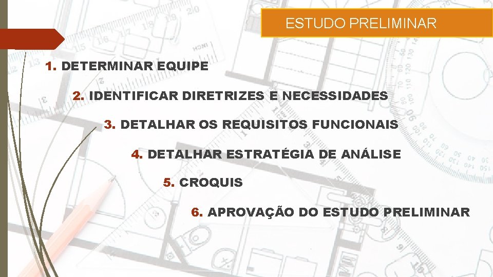 ESTUDO PRELIMINAR 1. DETERMINAR EQUIPE 2. IDENTIFICAR DIRETRIZES E NECESSIDADES 3. DETALHAR OS REQUISITOS