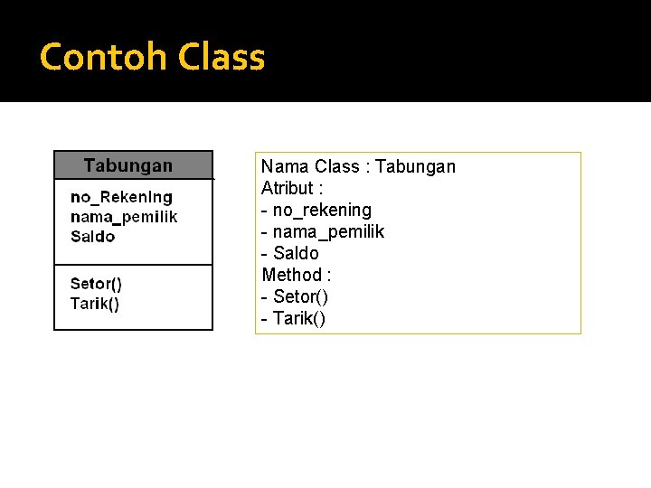 Contoh Class Nama Class : Tabungan Atribut : - no_rekening - nama_pemilik - Saldo