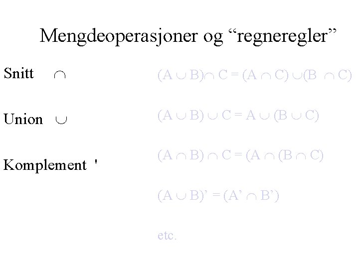 Mengdeoperasjoner og “regneregler” Snitt Union Komplement ' (A B) C = (A C) (B
