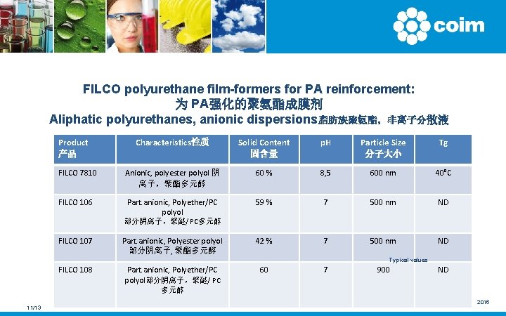 FILCO polyurethane film-formers for PA reinforcement: 为 PA强化的聚氨酯成膜剂 Aliphatic polyurethanes, anionic dispersions脂肪族聚氨酯，非离子分散液 Product 产品